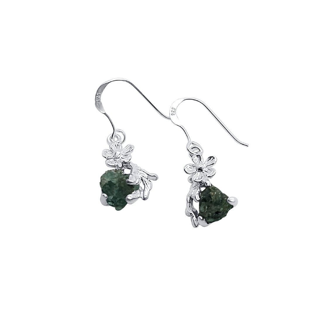 side view - raw natural emerald silver flower dangle earrings