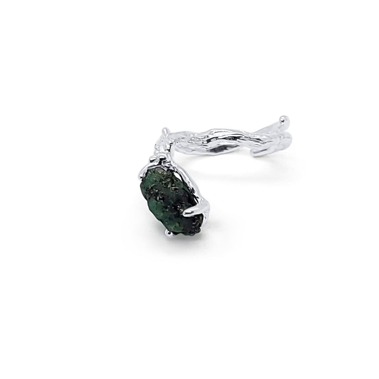 One of a Kind Silver Branch Adjustable Ring with Natural Raw Unpolished Emerald Gemstone  