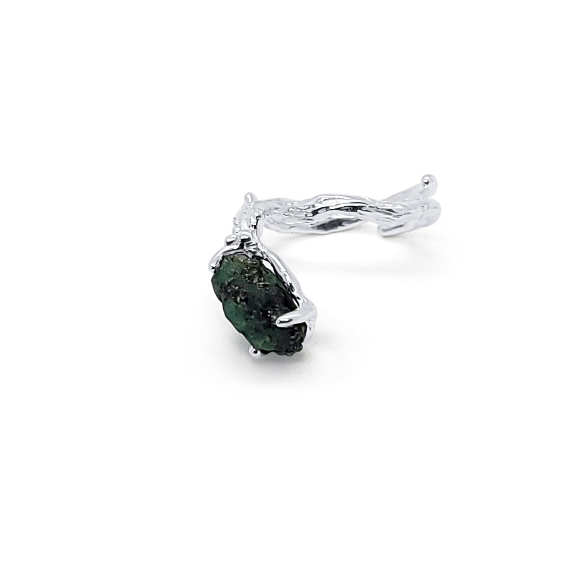 One of a Kind Silver Branch Adjustable Ring with Natural Raw Unpolished Emerald Gemstone  
