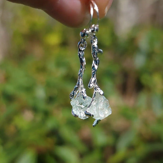 Raw Natural Aquamarine Silver Branch Dangle Earrings