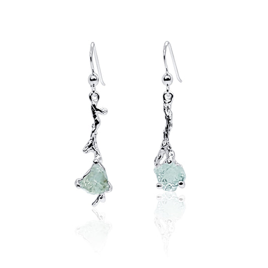 Raw Natural Aquamarine Silver Branch Dangle Earrings