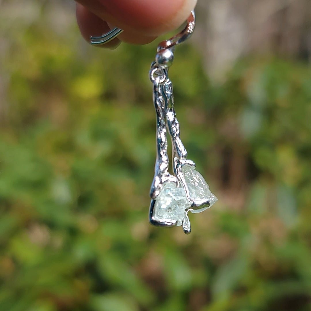 Raw Natural Aquamarine Silver Branch Dangle Earrings