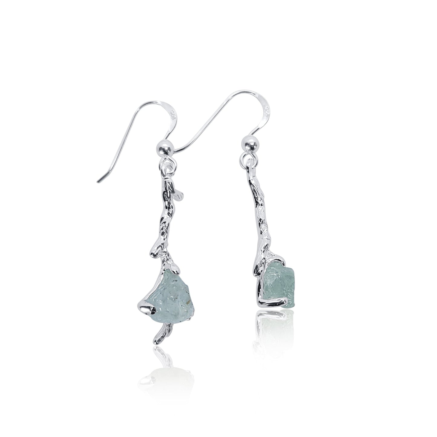 Raw Natural Aquamarine Silver Branch Dangle Earrings