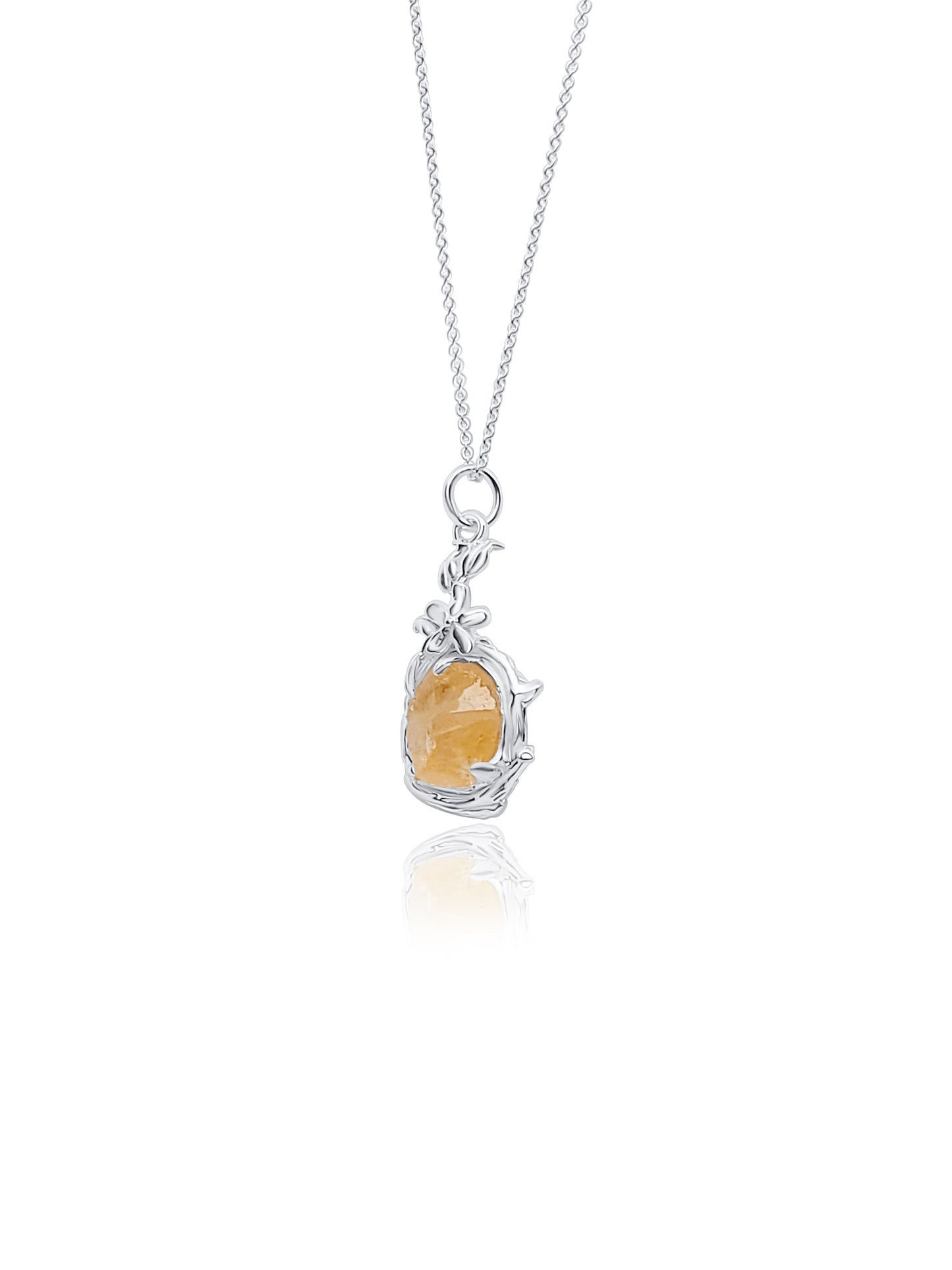 side view silver flower and citrine pendant necklace