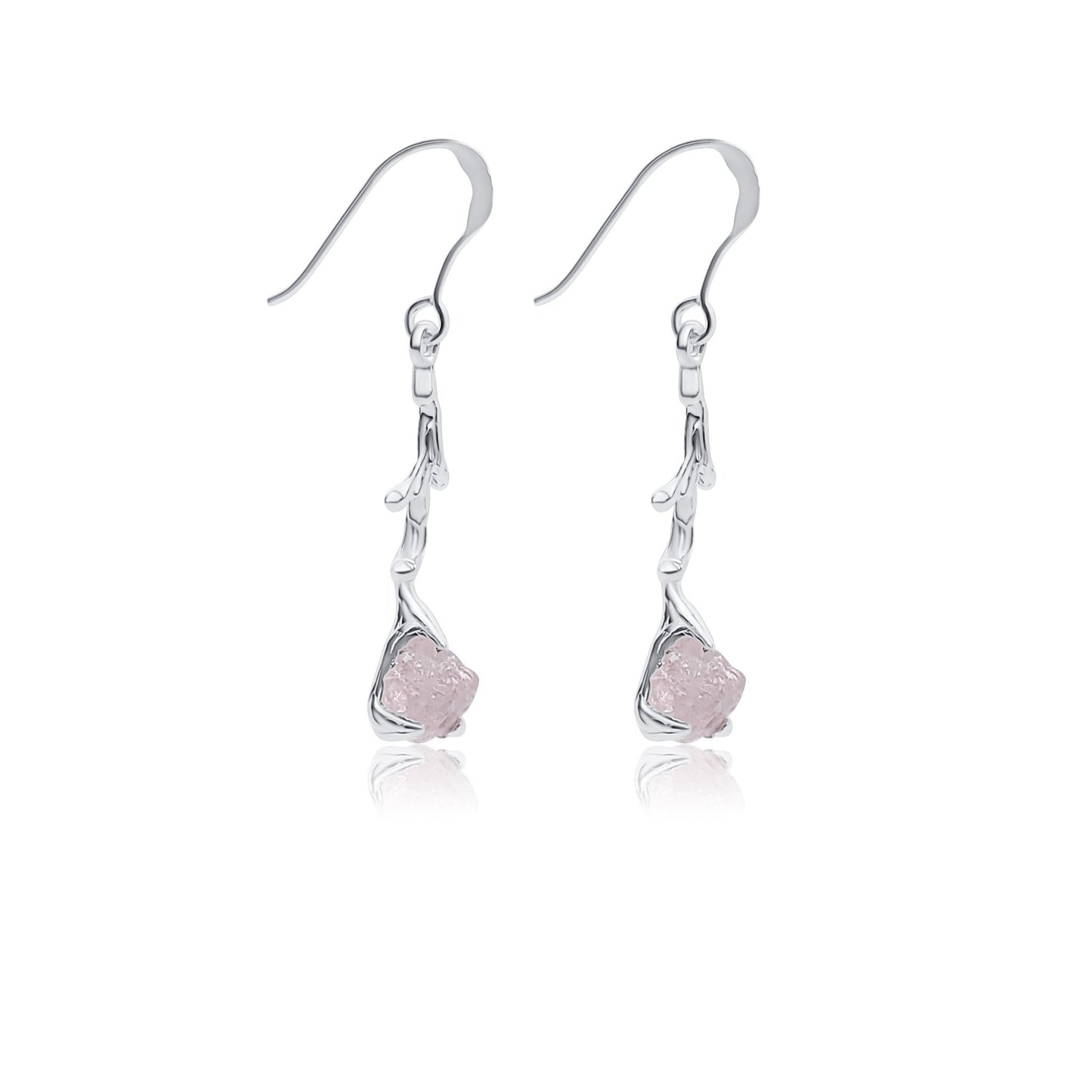 natural rose quartz silver dangle earrings with tree branch style