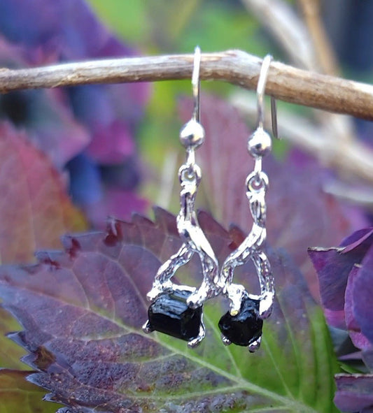 Silver Black Tourmaline Dangle Earrings