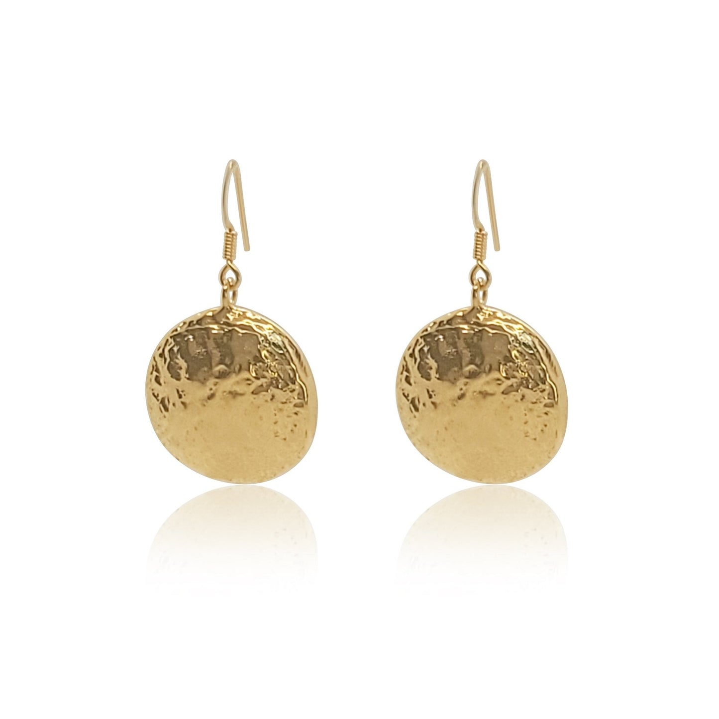 gold Talia dangle shell earrings. Circular gold shell earrings on french ear wires.