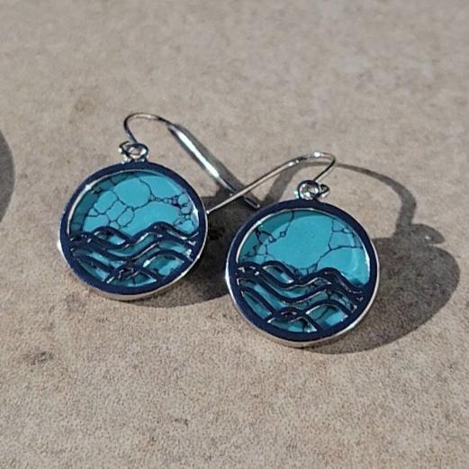turquoise silver circle dangly earrings with ocean design