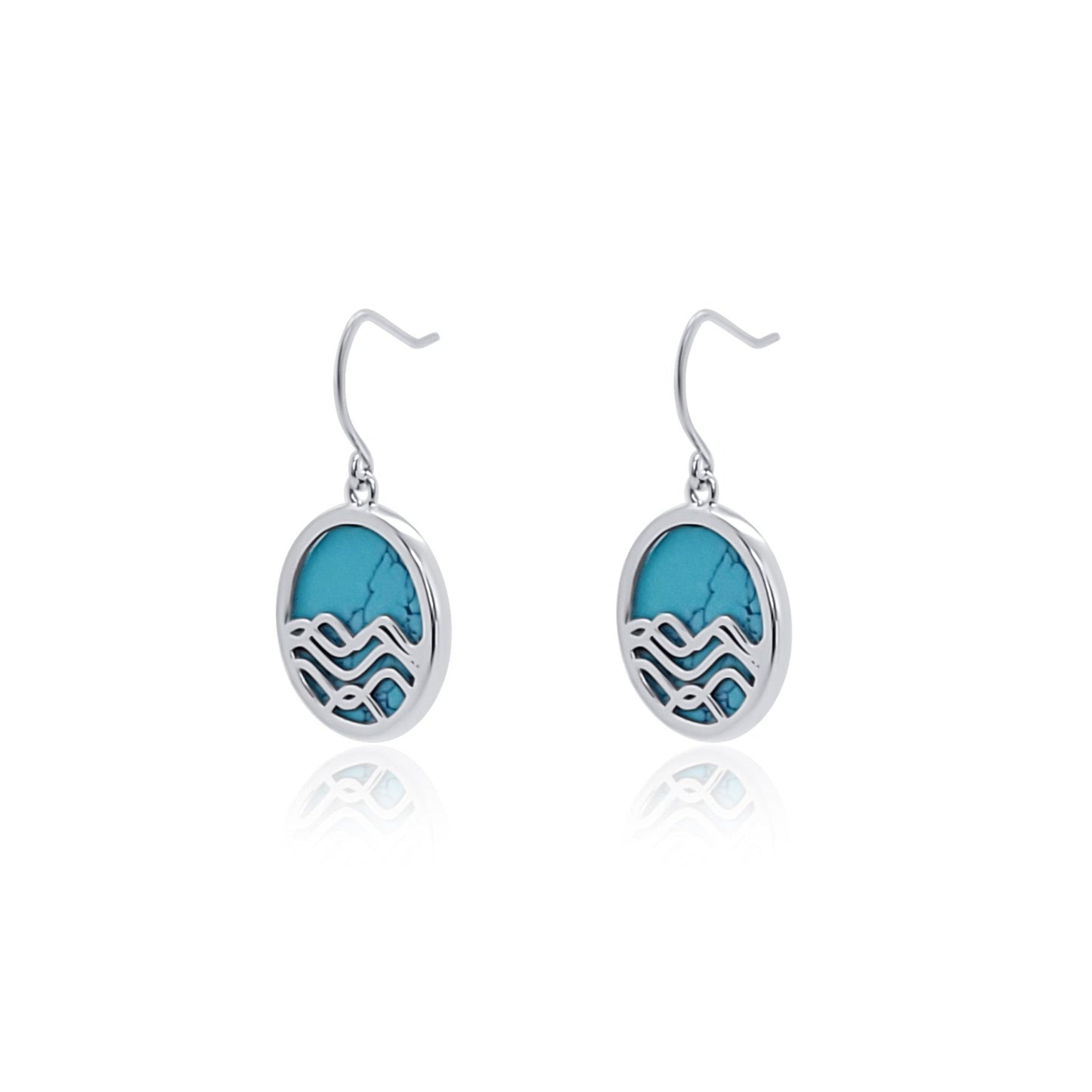 silver turquoise earrings with ocean waves. silver circle dangle earrings side view