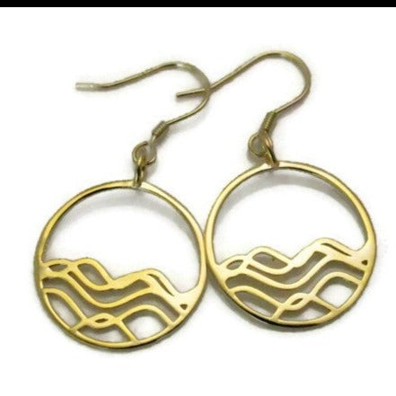 circle earrings, ocean jewelry, 18k plated gold dangles earrings with design of waves or rolling hills  inside a circle