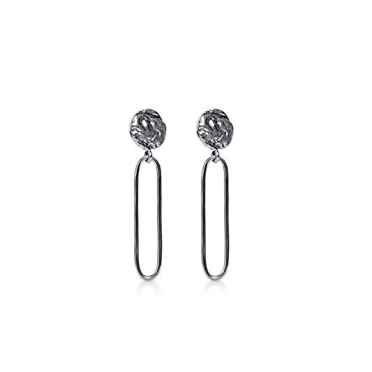 side angle of silver driftwood texture round stud earrings with small oval dangle