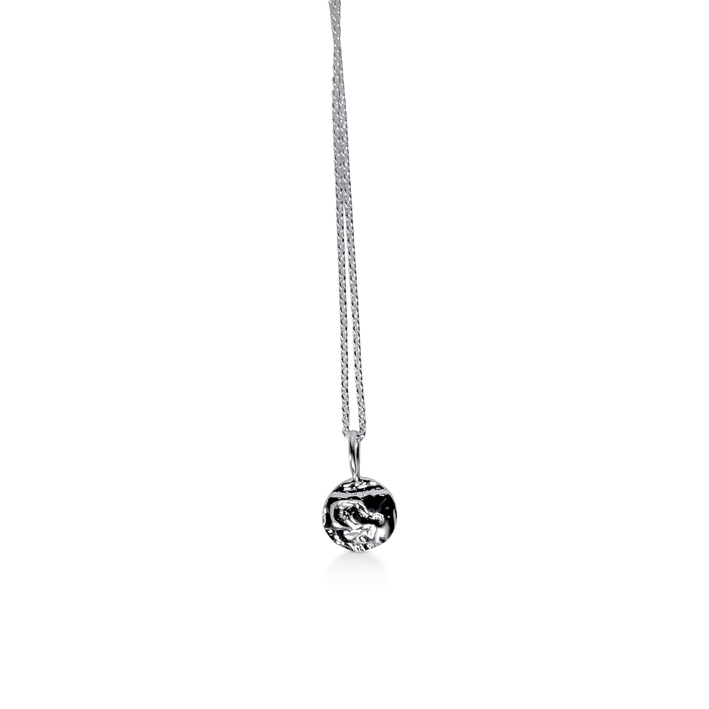 driftwood textured circle pendant necklace in sterling silver on matching chain necklace