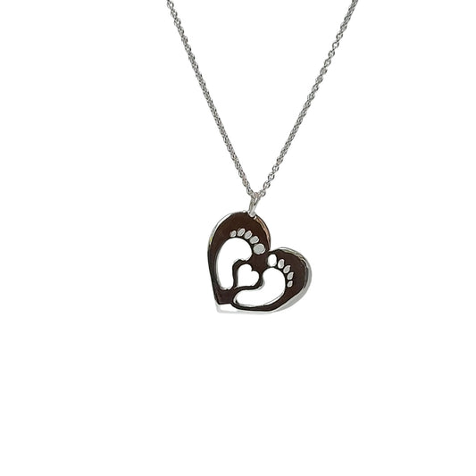 Clubfoot strong necklace. Stirling silver heart pendant with two feet and heart cut out