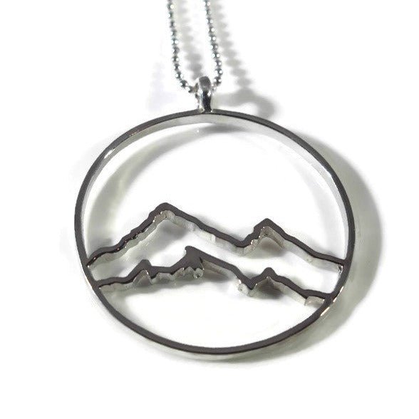 circle necklace, 925 sterling silver coastal mountain in circle design pendant necklace with white background