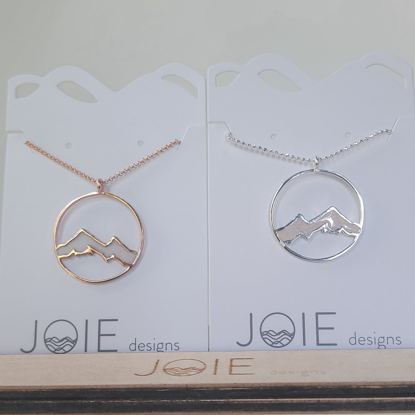 Silver and rose gold Embellished Alpenglow Mountain Necklaces with light pink resin snow caps- 2