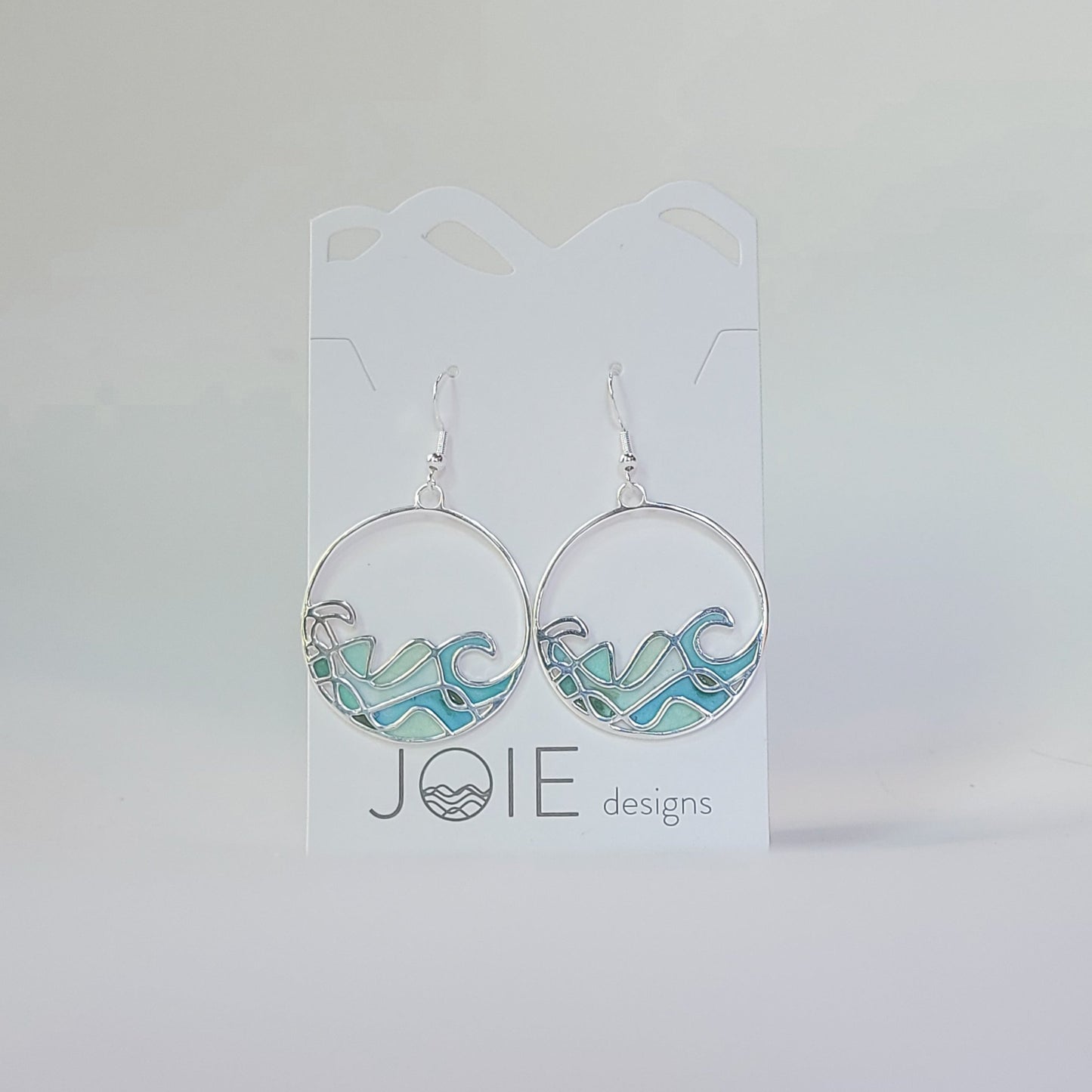 resin and sterling silver ocean wave dangle statement earrings with stained glass effect
