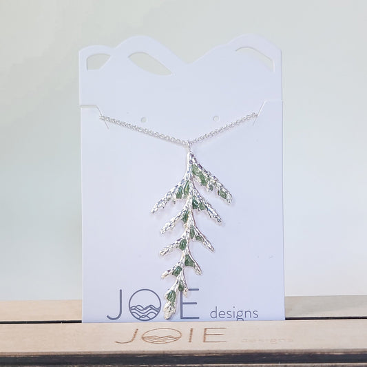 Ebellished Silver Thuja Cedar Leaf Necklace with green resin detailing 2