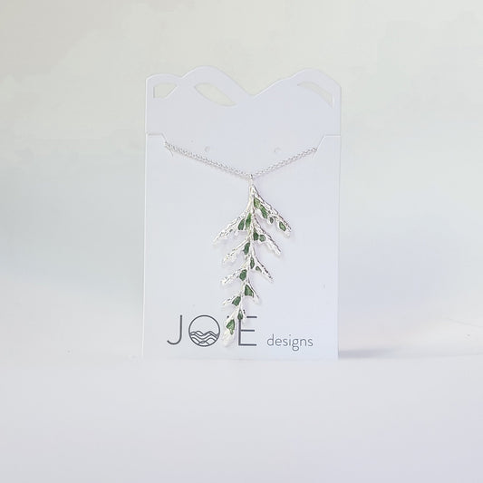 Ebellished Silver Thuja Cedar Leaf Necklace with green resin detailing
