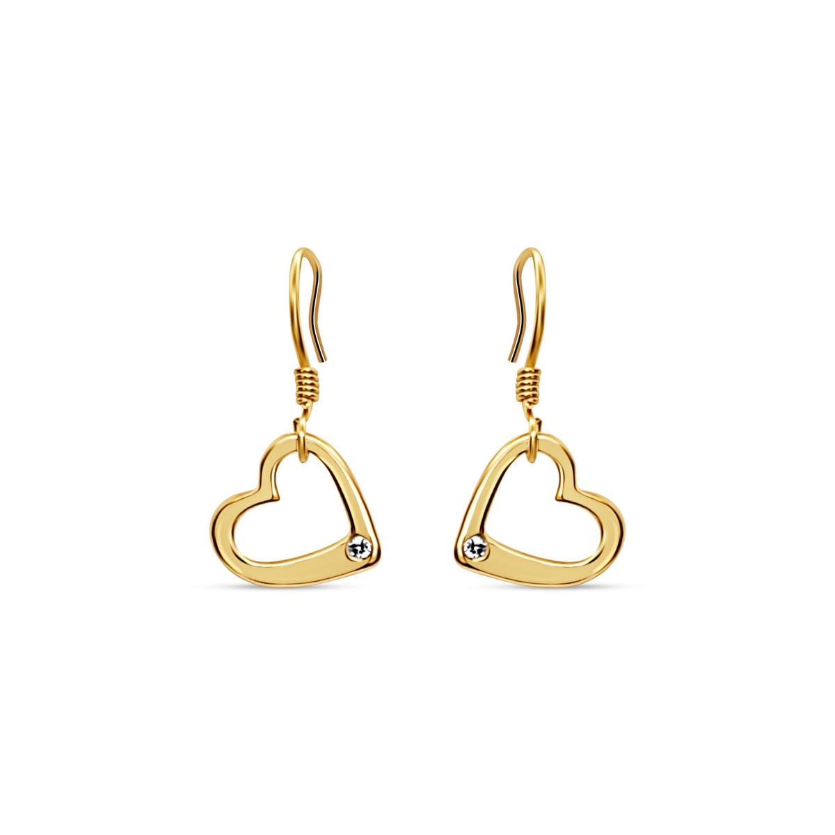 Classic and romantic gold heart earrings with shimmering white sapphire gems. elegant heart earrings