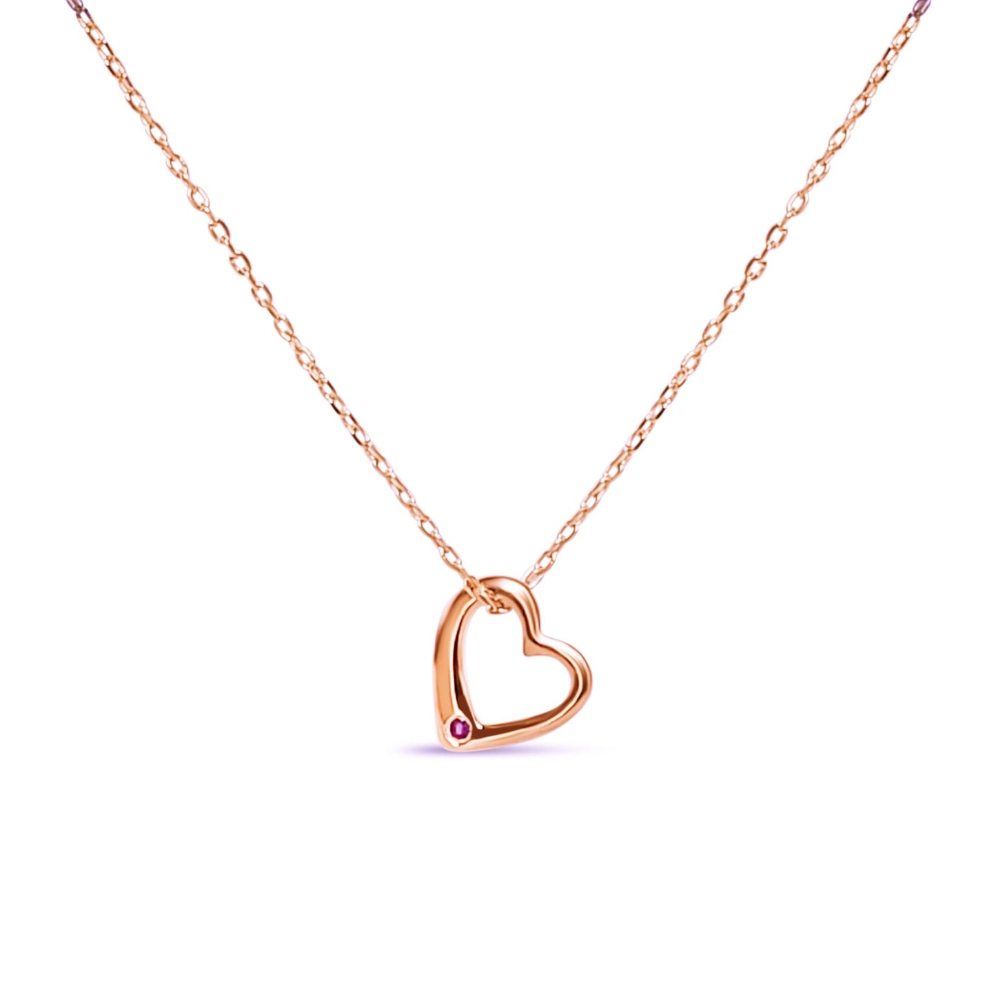 Esme - Rose gold heart necklace with small ruby on rose gold necklace chain.