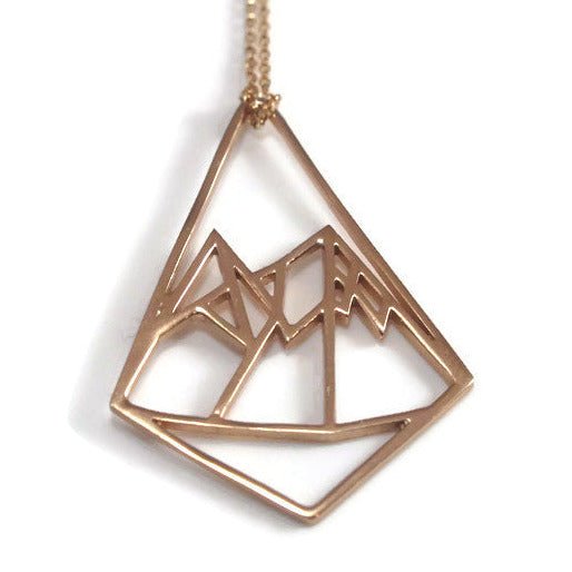 18k rose gold plated geo mountain design pendant necklace with white background