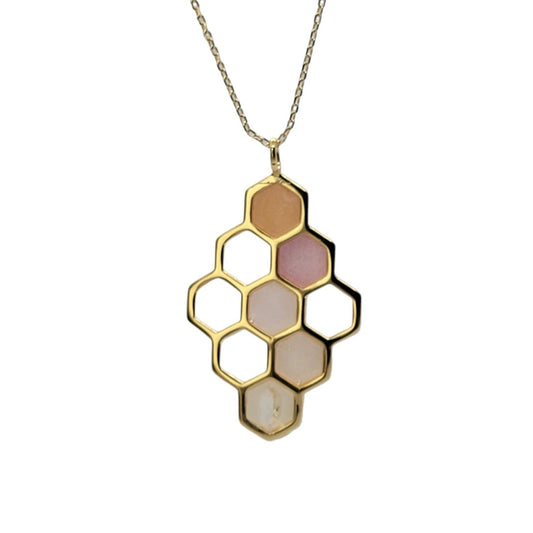 hand crafted resin and mica filled gold honeycomb pendant necklace