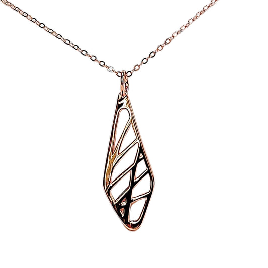 Rose gold plated diamond-shaped design pendant necklace with  grass pattern hanging on chain with white background