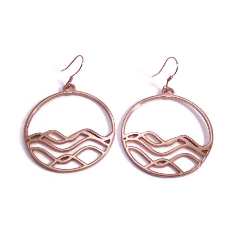 rose gold plated sterling silver circle ocean wave earrings, ocean jewelry