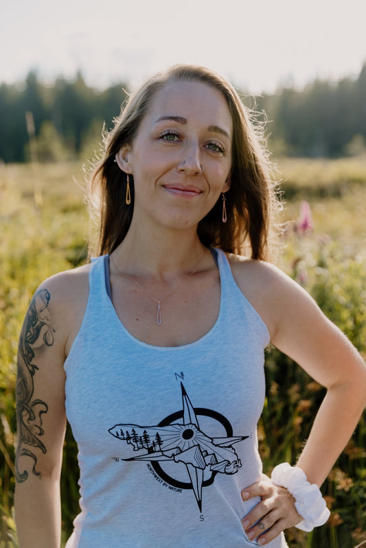 model wearing Indra rose gold  rain and water drop earrings and water drop necklace happy in nature jewelry