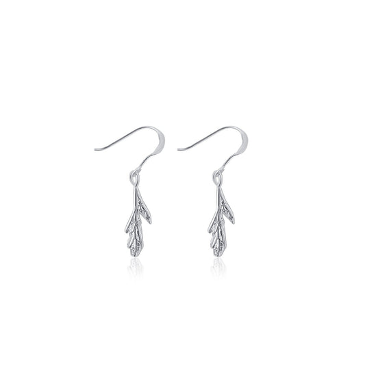 sterling silver cedar tip dangle earrings on french ear wires. tree jewelry