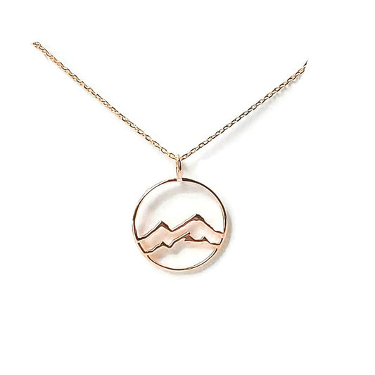 18k rose gold plated little coast mountain circle pendant necklace on white background