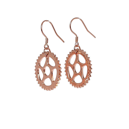 18 rose gold plated bike chain ring design dangle earrings with a white background