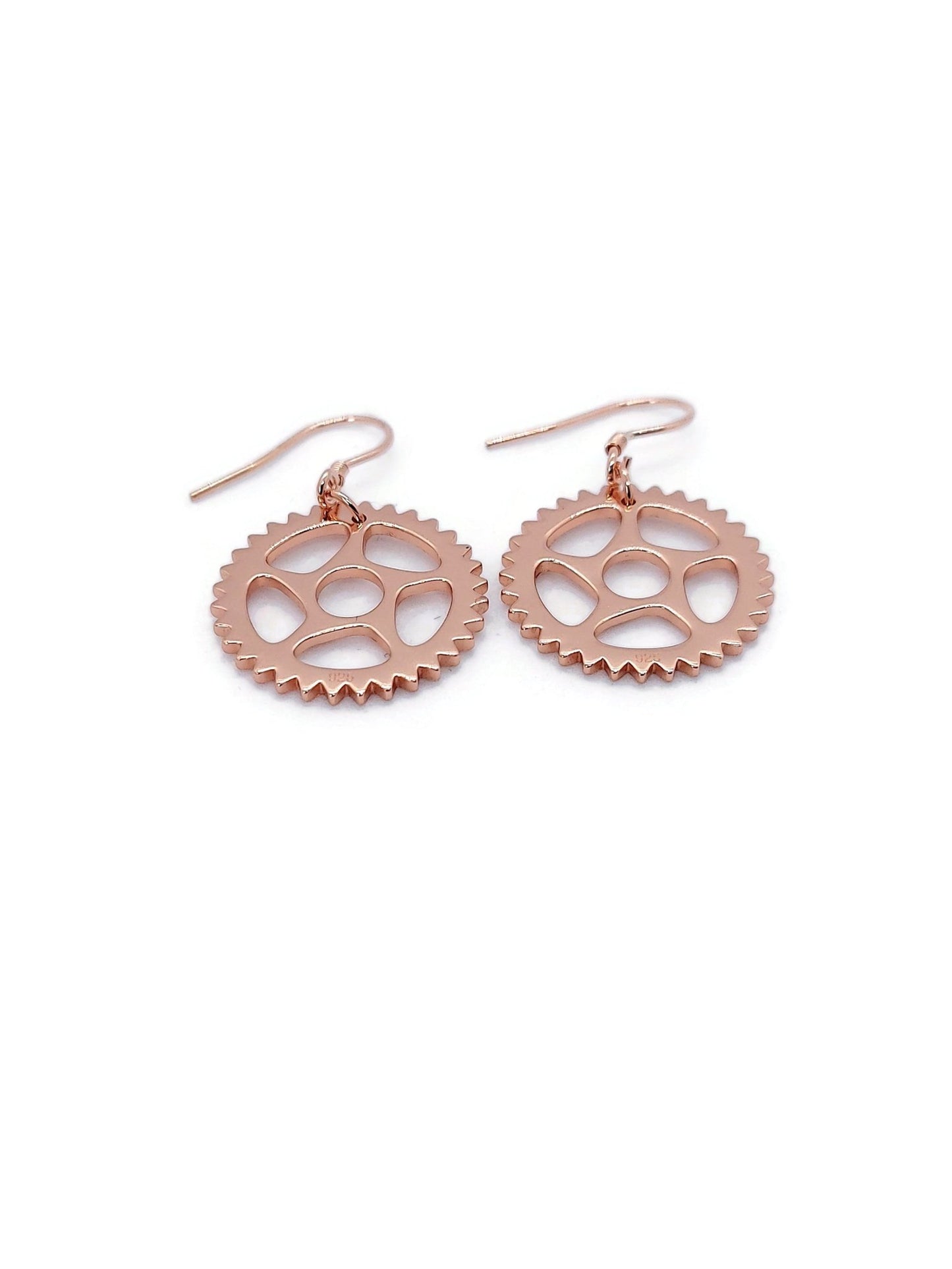 18 rose gold plated bike chain ring design dangle earrings with a white background-2