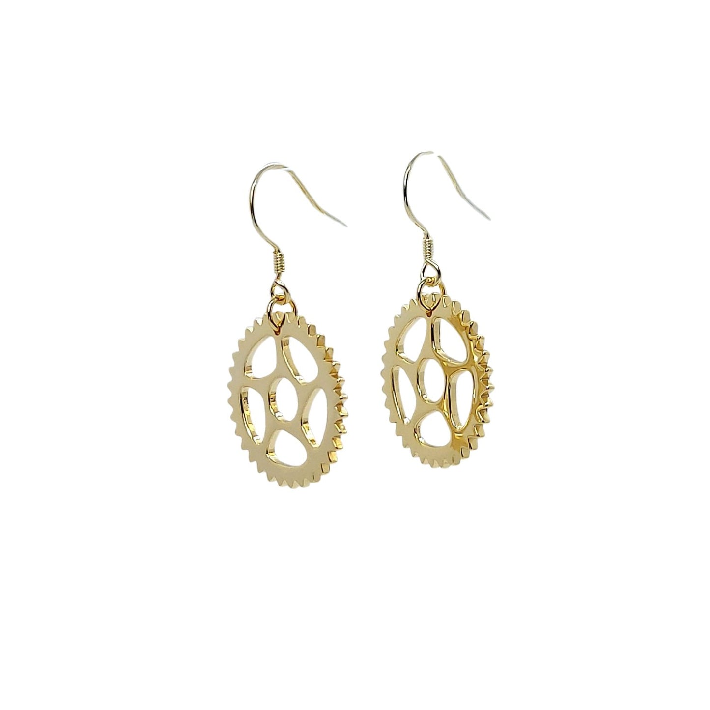 18k yellow gold plated bike chain ring design dangle earrings hanging with a white background-1