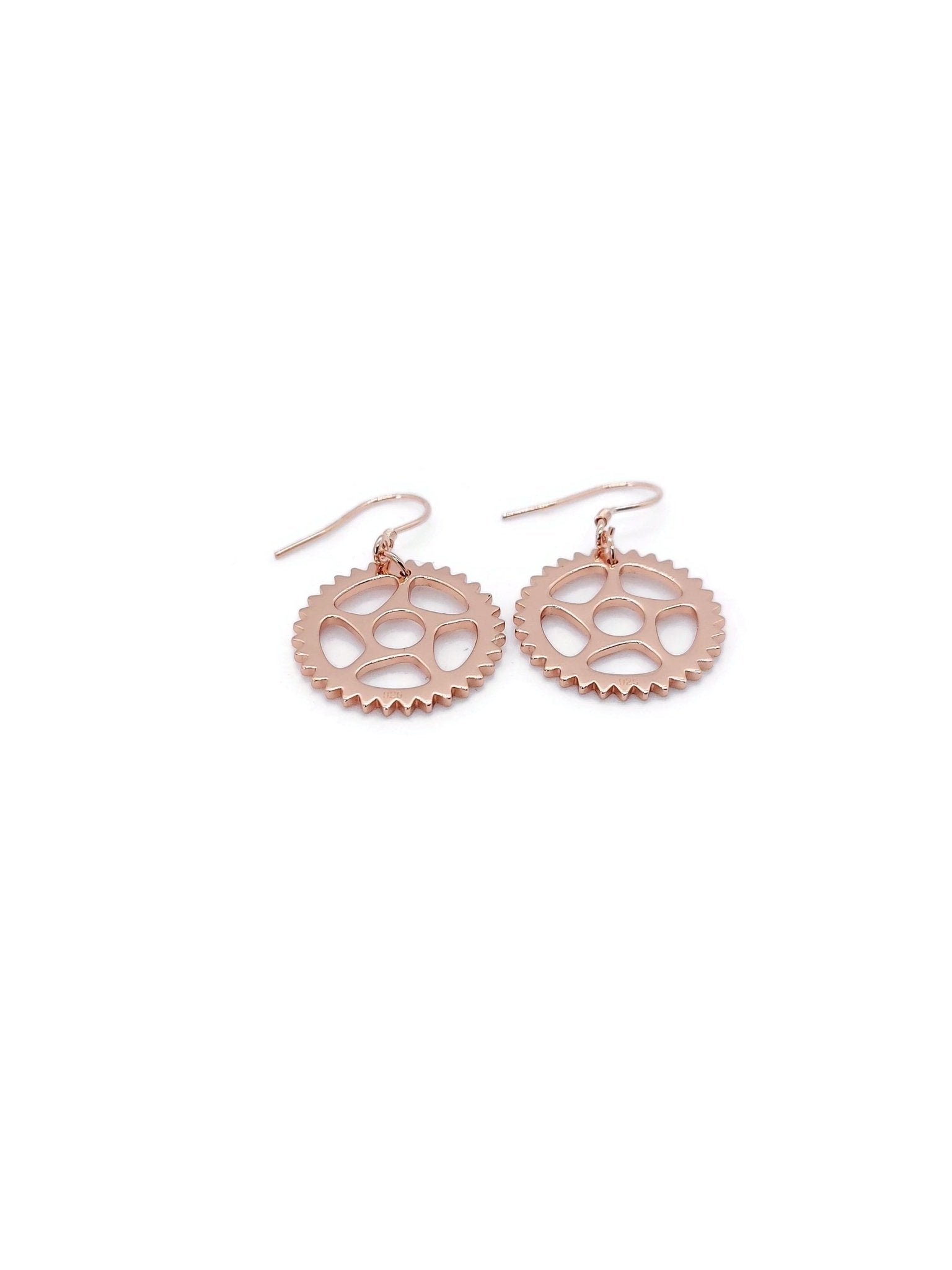 18 rose gold plated bike chain ring design dangle earrings with a white background-3