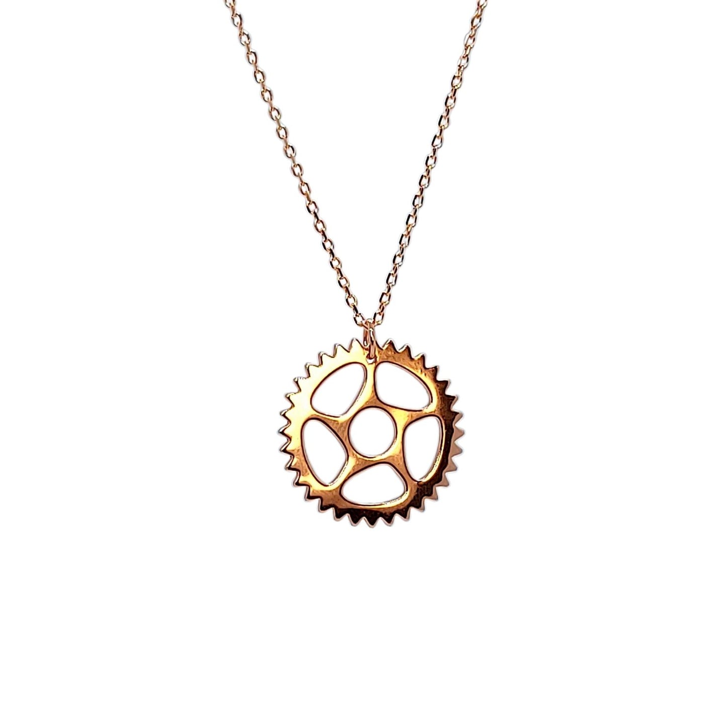 18k gold bike chain ring design plated pendant necklace with a white background-1