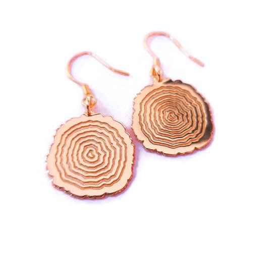 18k rose gold Matsuyo tree ring log cross section growth ring silver dangly earrings 