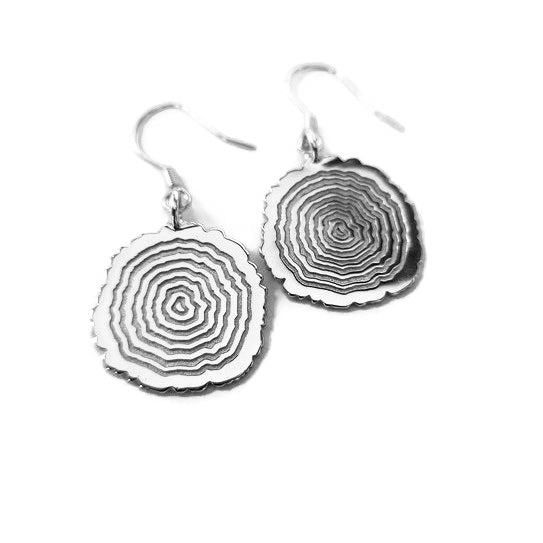 rhodium plated Matsuyo tree ring log cross section growth ring silver dangly earrings 