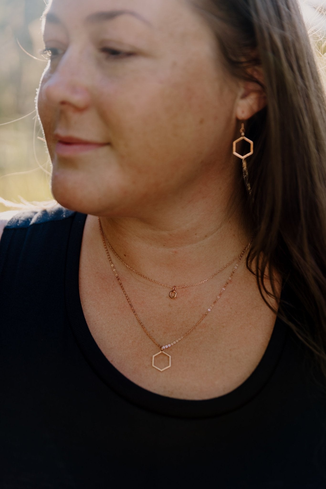rose gold layered hexagon necklaces in two sizes