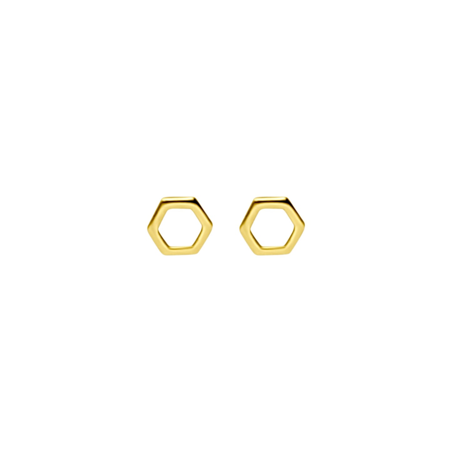 front angle of gold sterling silver little hexagon stud earrings