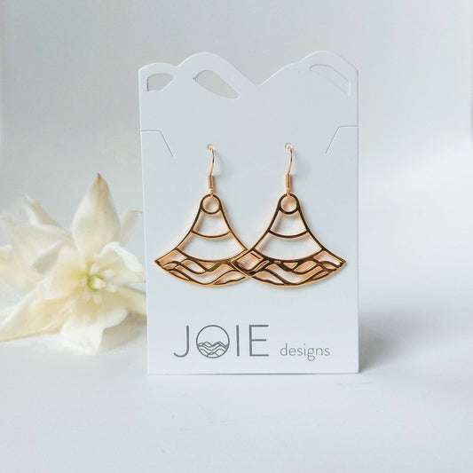 18k gold plated 925 sterling silver double water wave Nalu design dangle earrings, ocean inspired jewelry