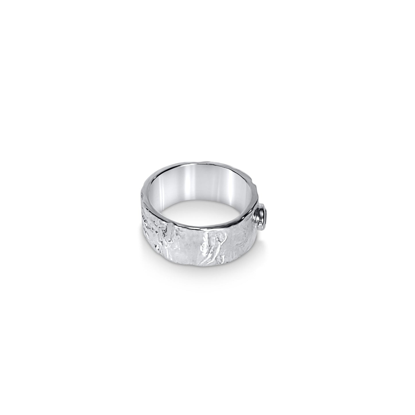 side view of driftwood textured sterling silver ring with 4mm white topaz in bezel setting