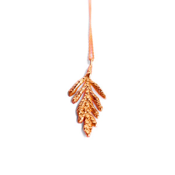 rose gold plated sterling silver Petite Arborvitae cedar leaf nature pendant necklace
