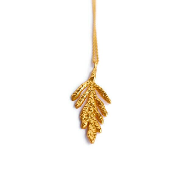 gold plated sterling silver Petite Arborvitae cedar leaf nature pendant necklace