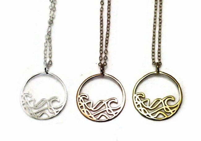 ocean jewelry, 18k gold plated, rose gold plated 925 sterling silver 3 Petite Sombrio Ocean Surf Wave Circle Necklaces