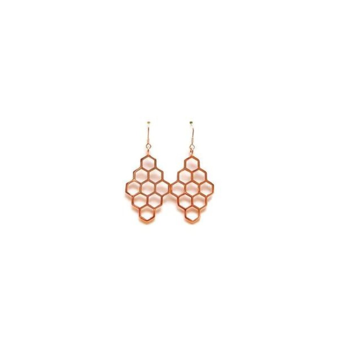 9 hexagons forming diamond shaped charms. rose gold petite honeycomb earrings
