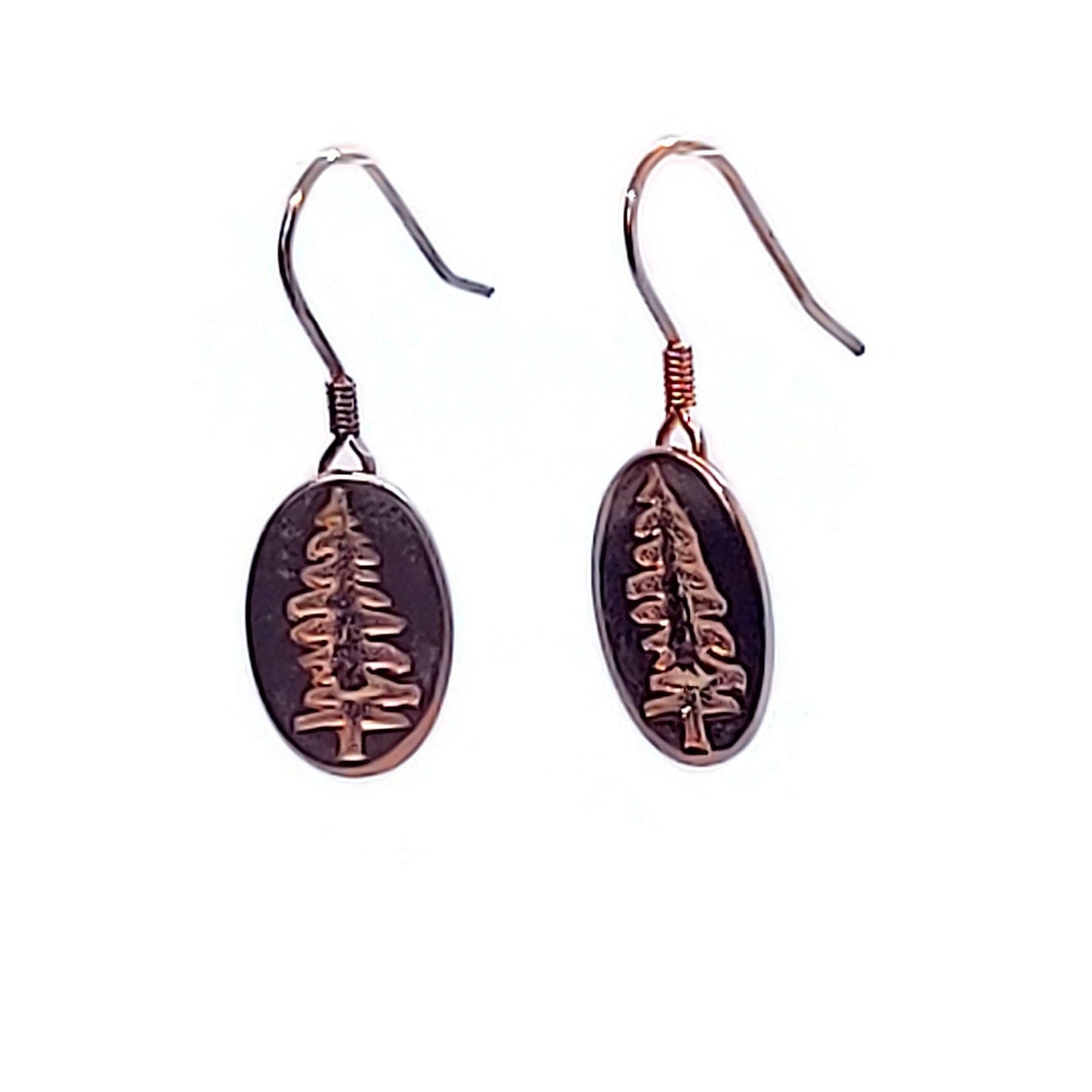 18k rose gold plated Sitka Tree Oval Dangle on white background - 1