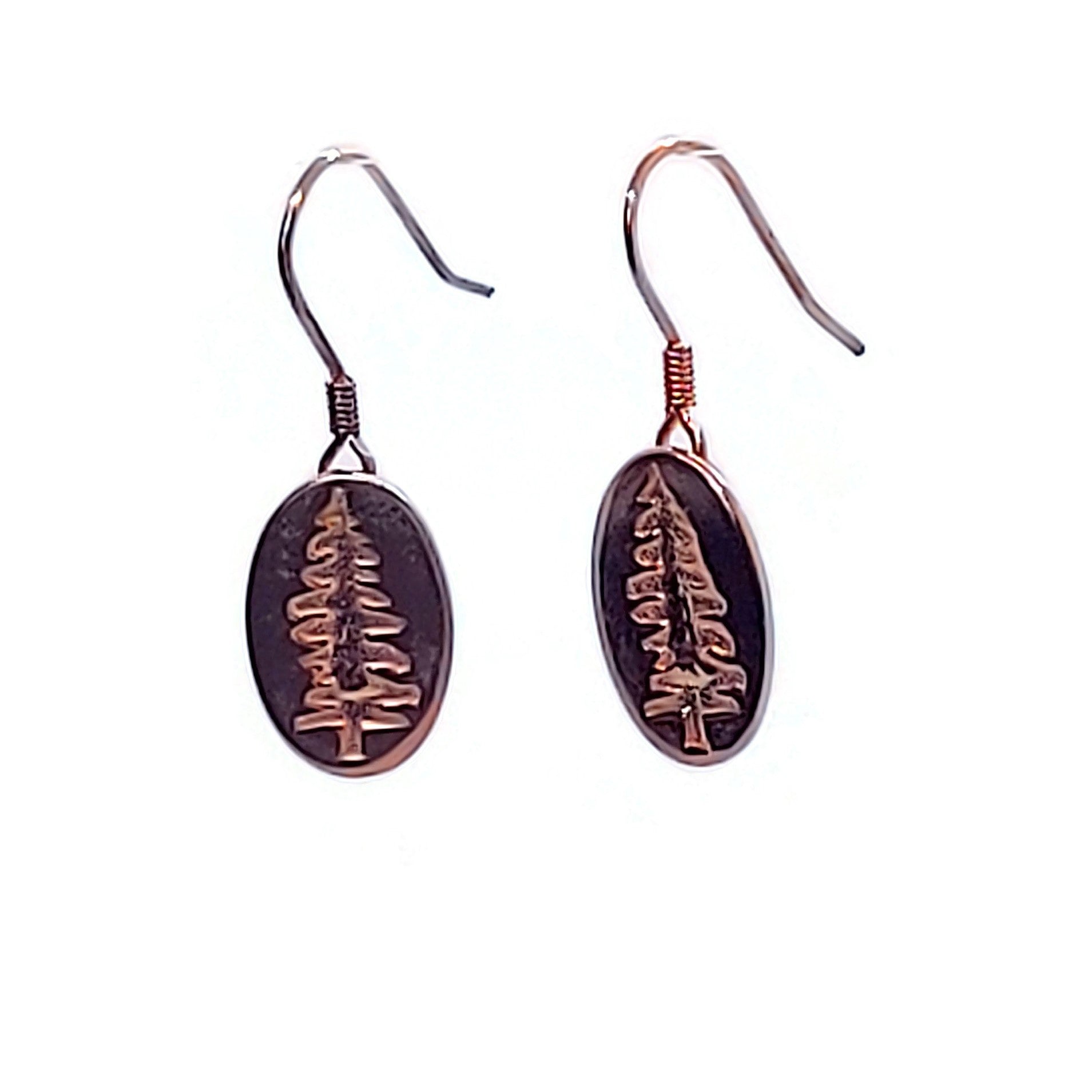 18k rose gold plated Sitka Tree Oval Dangle on white background - 1