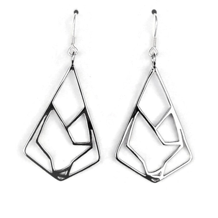 Sterling silver triangle drop earrings with minimalist geometric wolf design