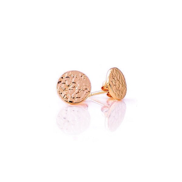 rose gold plated silver Sol textured circle stud earrings inspired by sun. hammered circle earrings